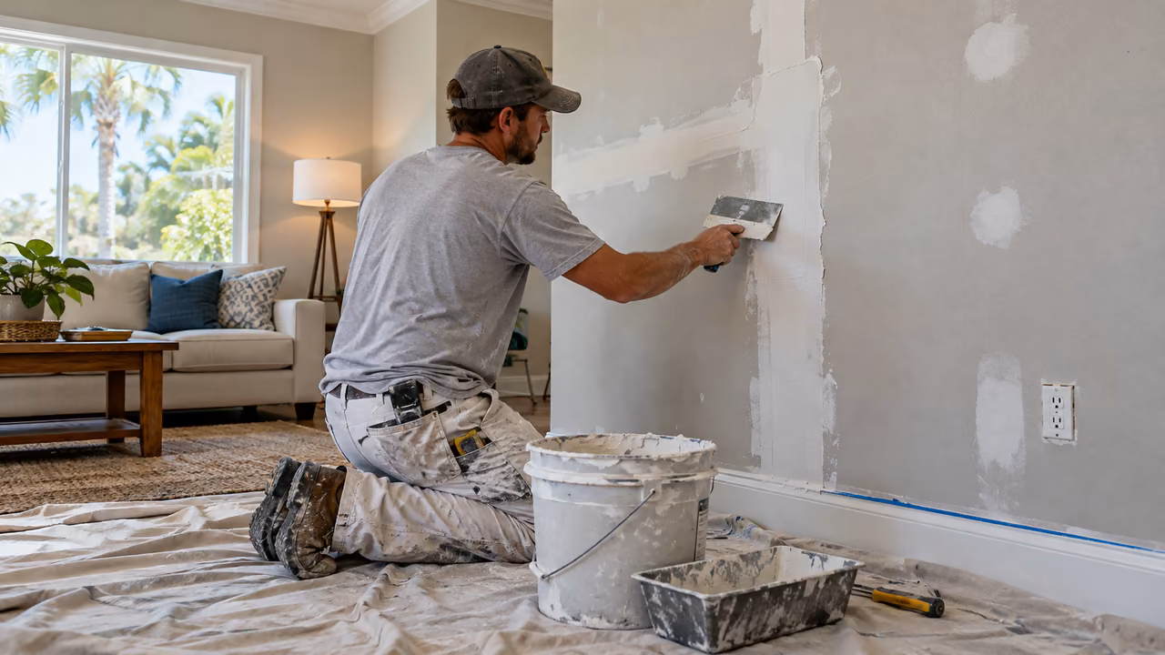 Worker repairing drywall in a living room