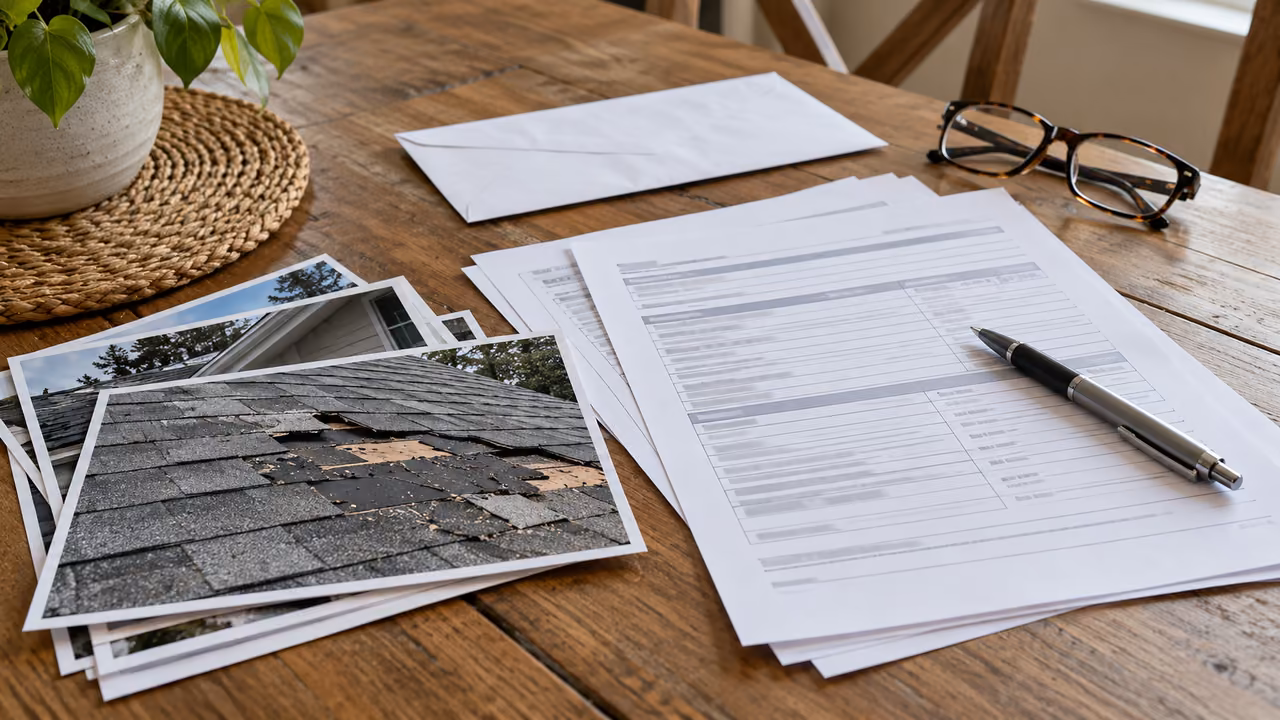 Insurance claim forms and photographs of roof damage on a table