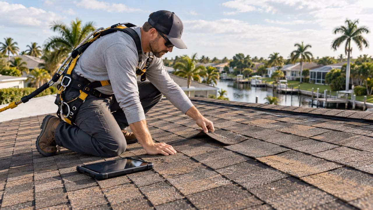 Inspector lifting a wind-damaged shingle on a Florida roof